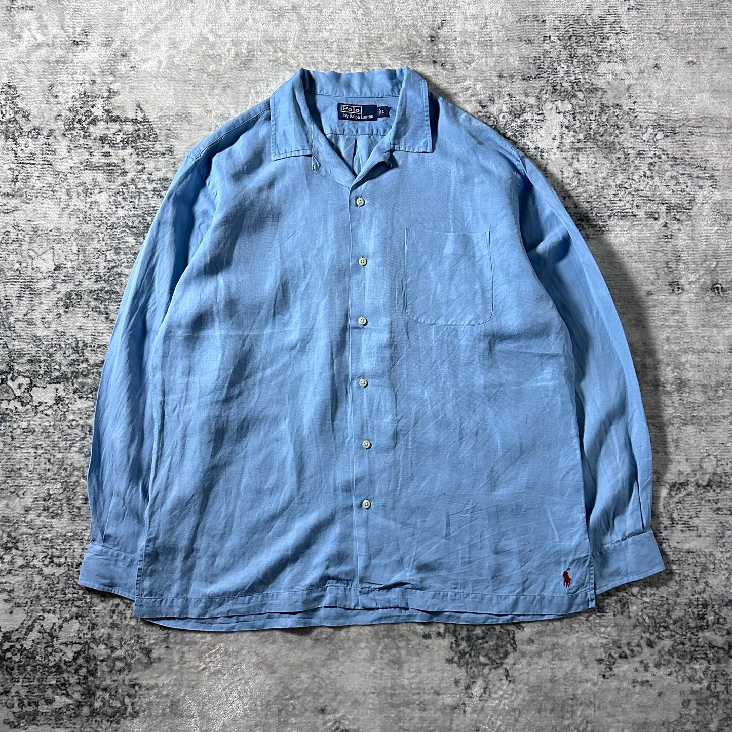 Linen Silk Polo by Ralph Lauren The Big Shirt Blue Open Collar Shirt – L