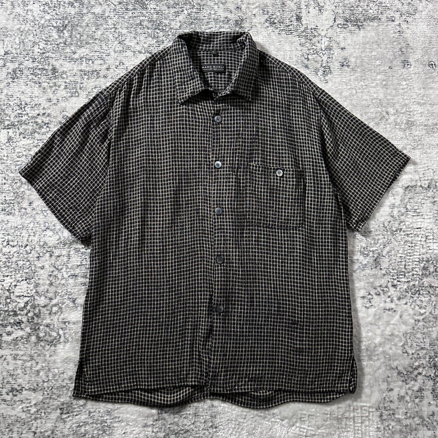 Rayon Black Beige Check Short Sleeve Shirt – L