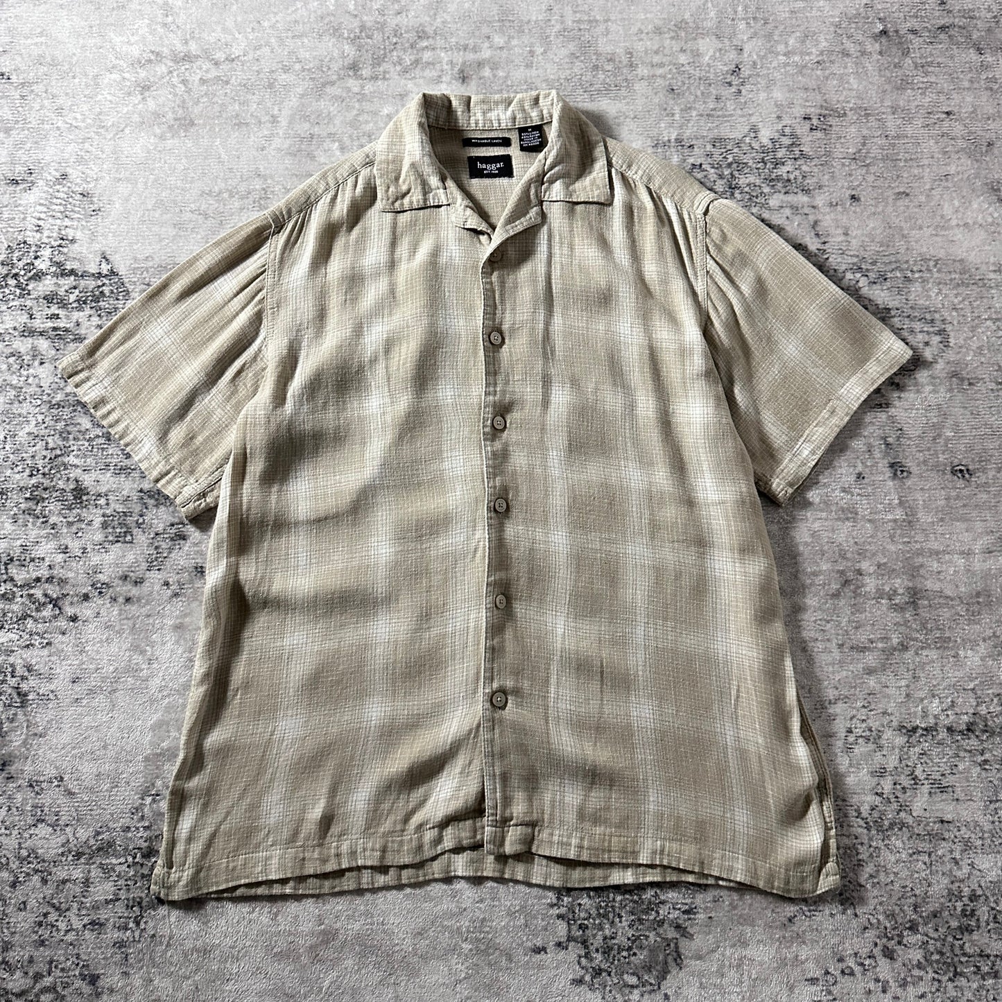 Haggar Linen Rayon Beige Check Short Sleeve Shirt – M
