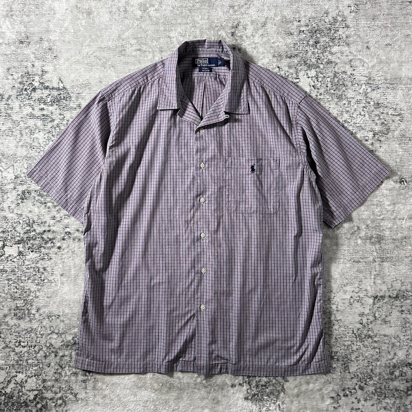 Caldwell 100% Cotton Gray Burgundy Check Short Sleeve Shirt – L Polo by Ralph Lauren