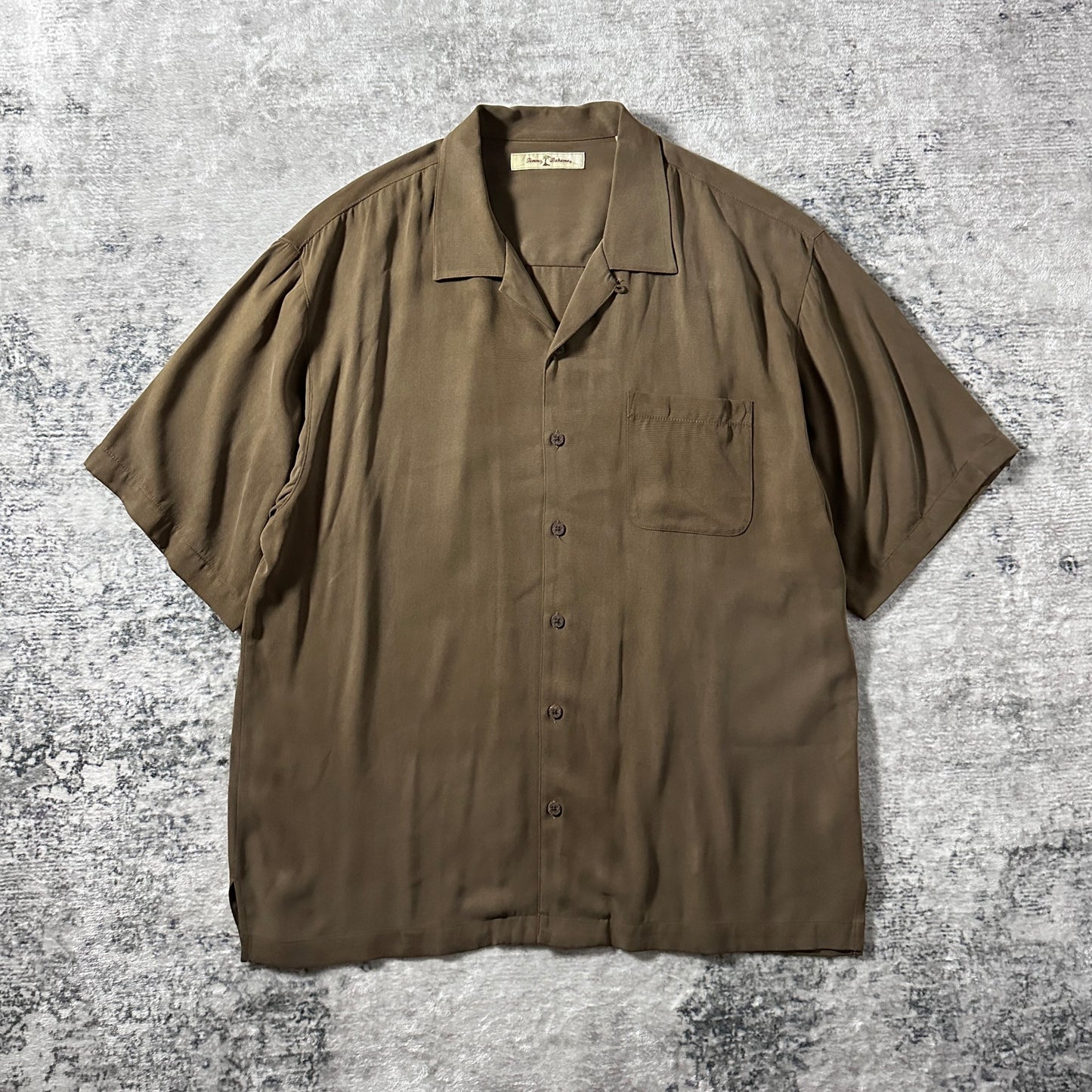 Tommy Bahama 100% Silk Olive Brown Short Sleeve Open Collar Shirt – XL