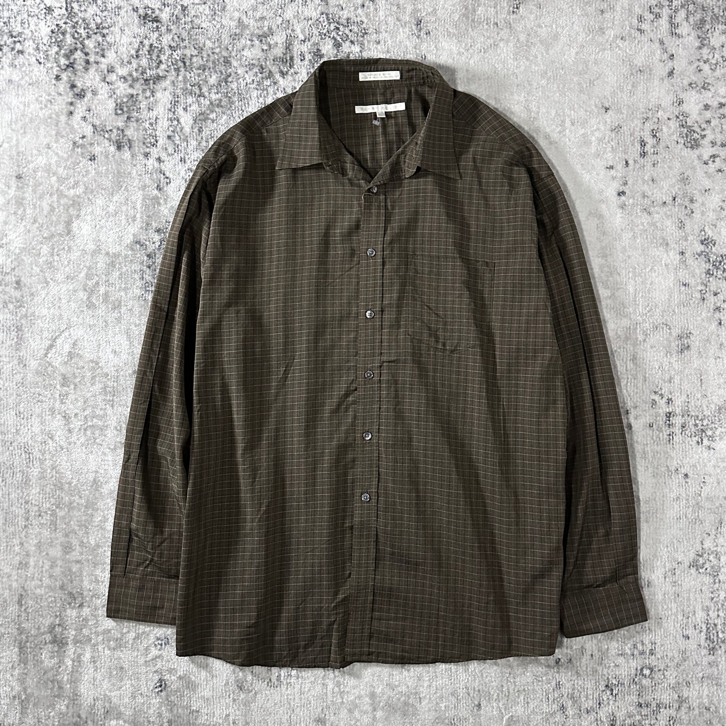 100% Rayon Grid Check Shirt Brown Size XL Perry Ellis Portfolio