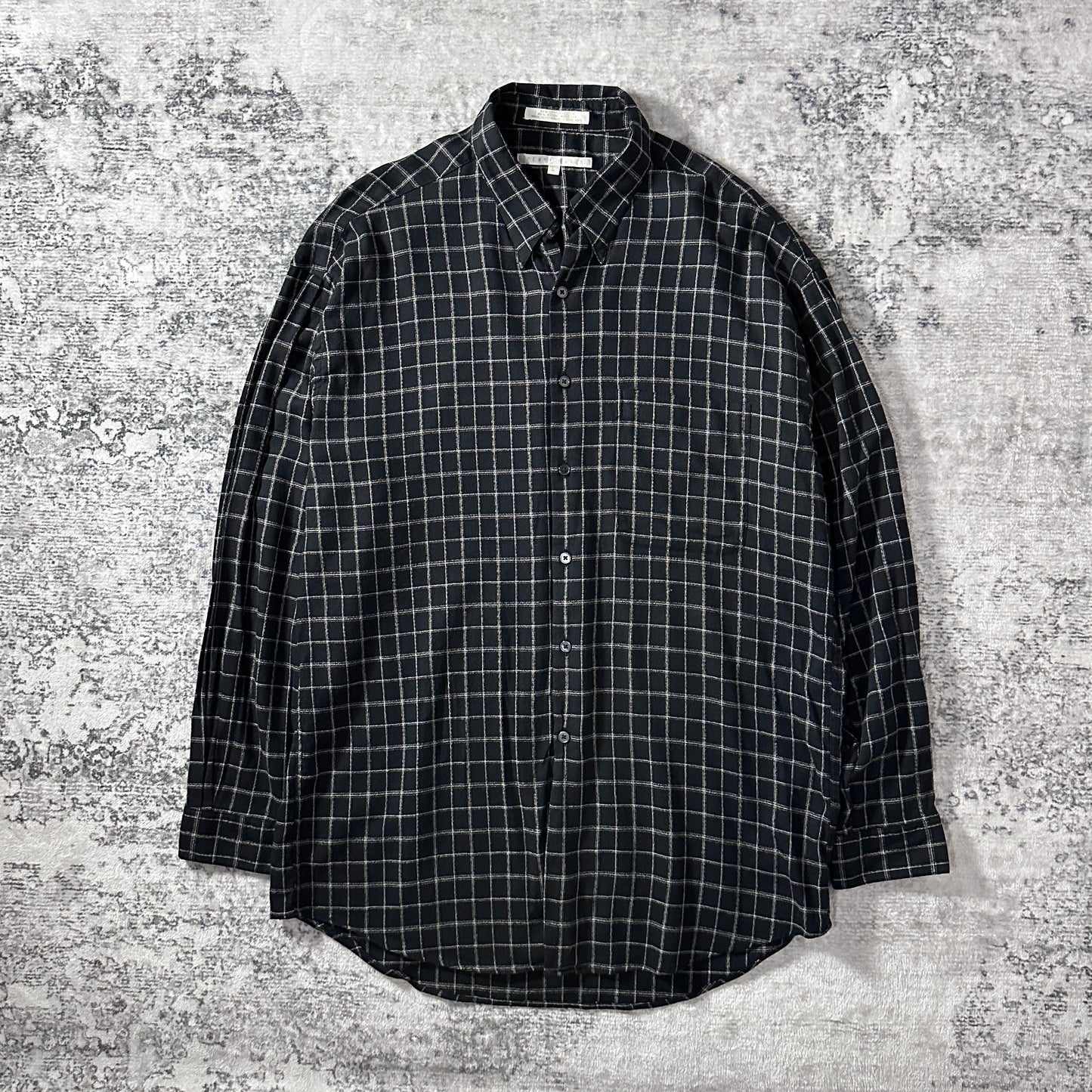 Perry Ellis Cotton Rayon Black Windowpane Check Long Sleeve Shirt L