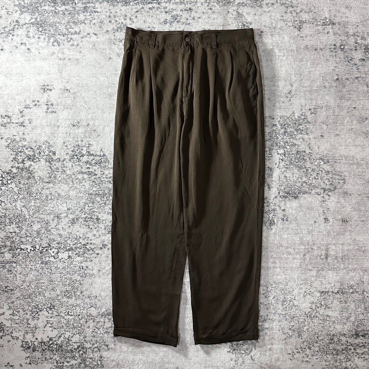 Silk Brown Pleated Relax Trousers 36