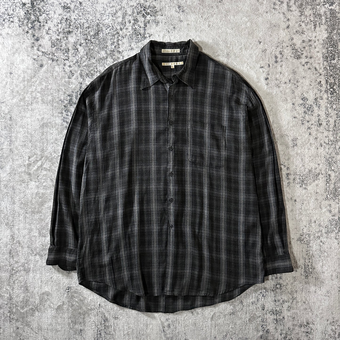 PERRY ELLIS Linen Blend Black Plaid Long Sleeve Shirt XL