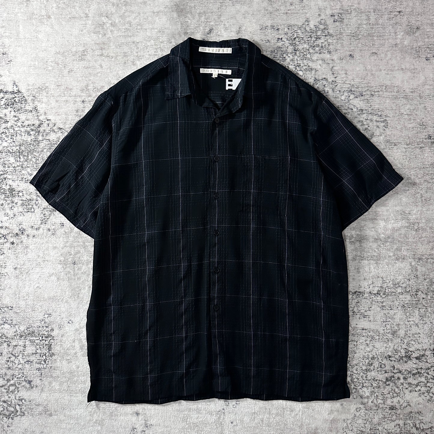 PERRY ELLIS Rayon Blend Black Plaid Short Sleeve Shirt L