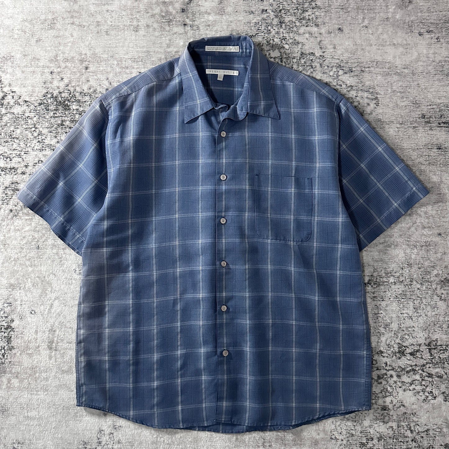 PERRY ELLIS Rayon Blend Blue Plaid Short Sleeve Shirt L
