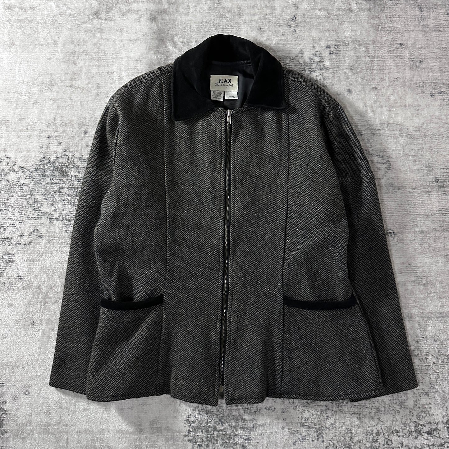 FLAX Gray Herringbone Wool Zip Jacket Size M