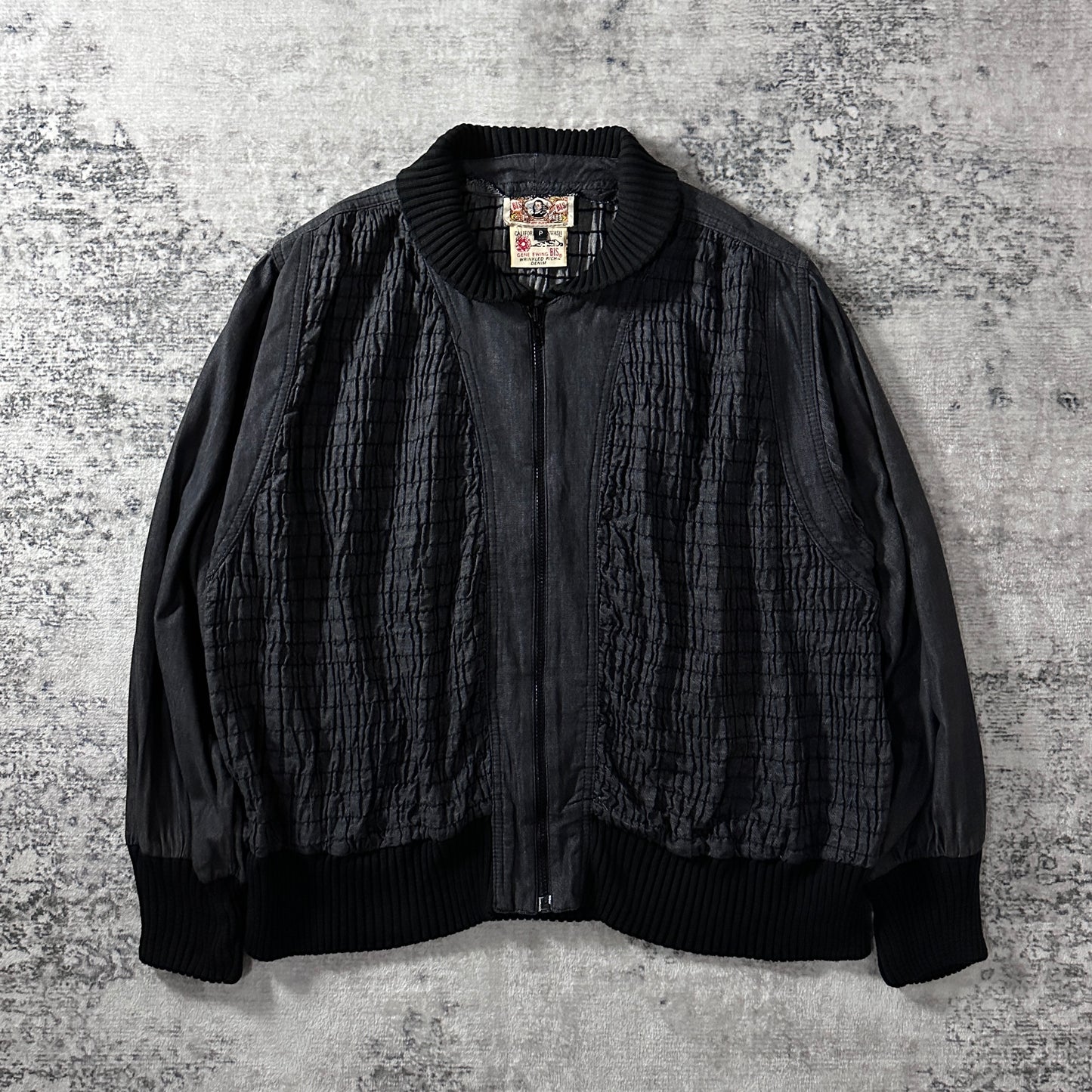 BIS by Gene Ewing Black Cotton Wrinkled Rich Denim Bomber Jacket Size P
