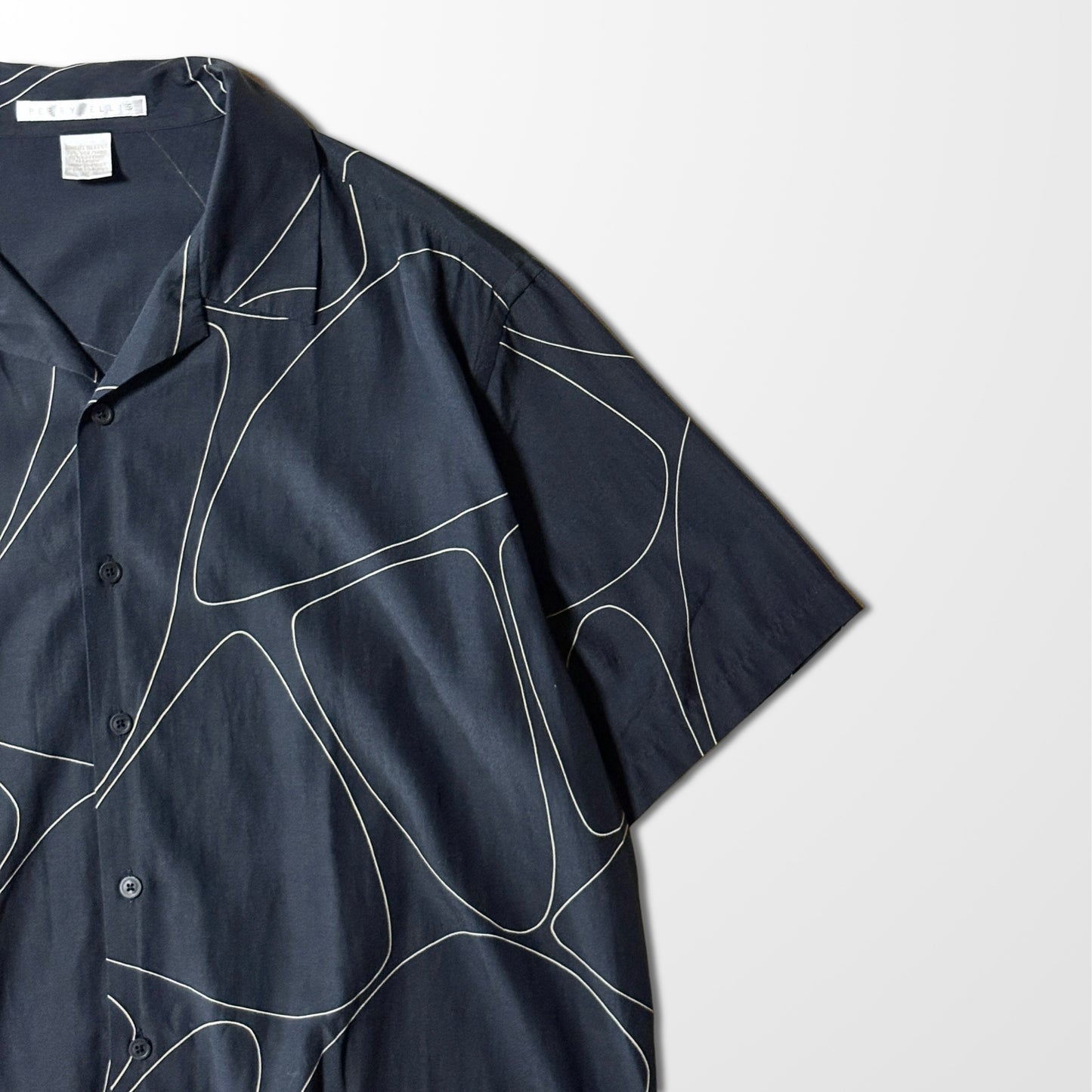 Silk Geometric Pattern Open-Collar Shirt - Black & White Abstract Lines - Size XL