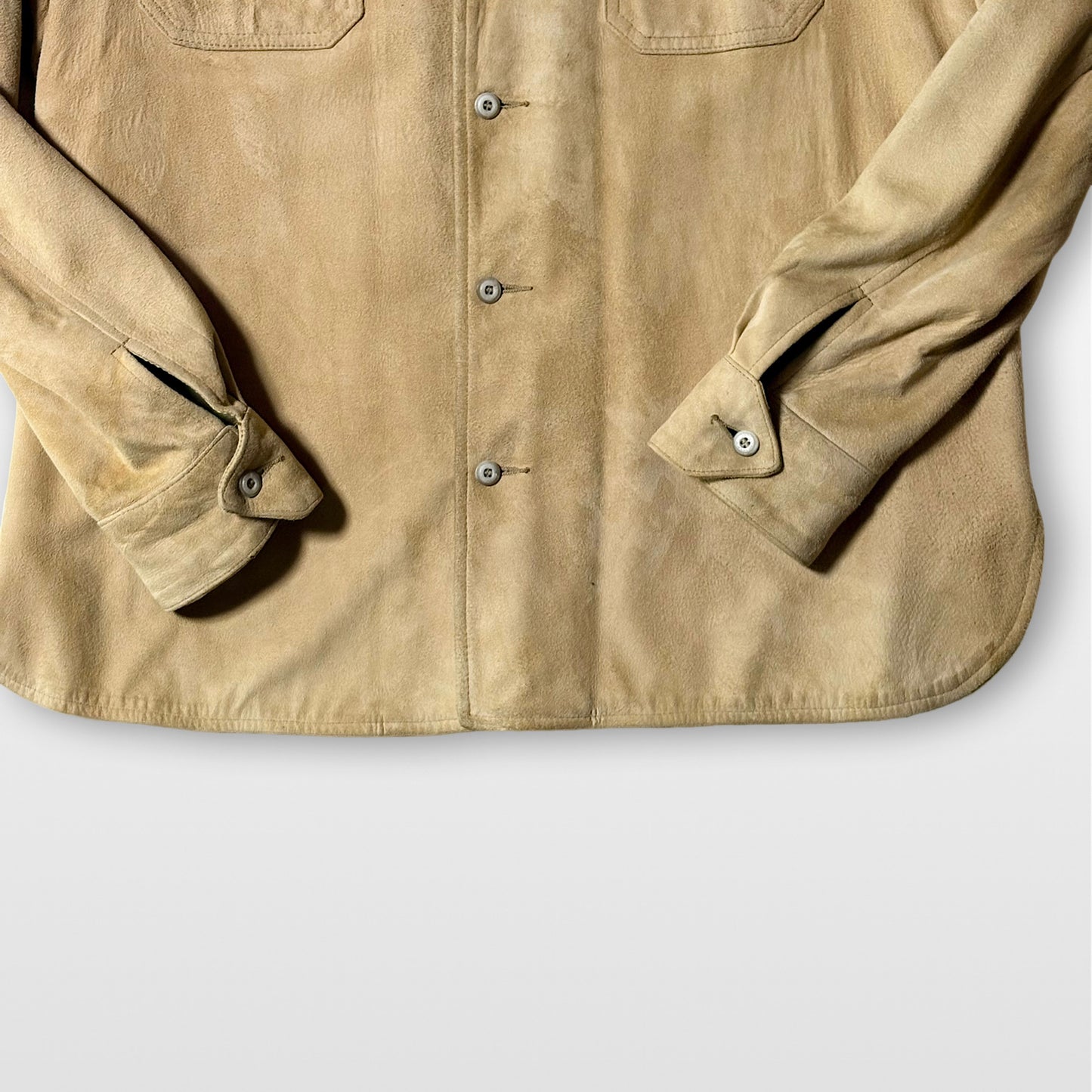 80s Brooks Brothers Beige Suede Shirt Jacket Open Collar Flap Pocket