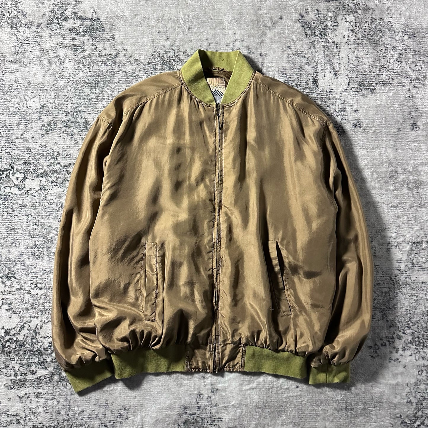 Silk Bomber Jacket Beige Olive Rib Design – L