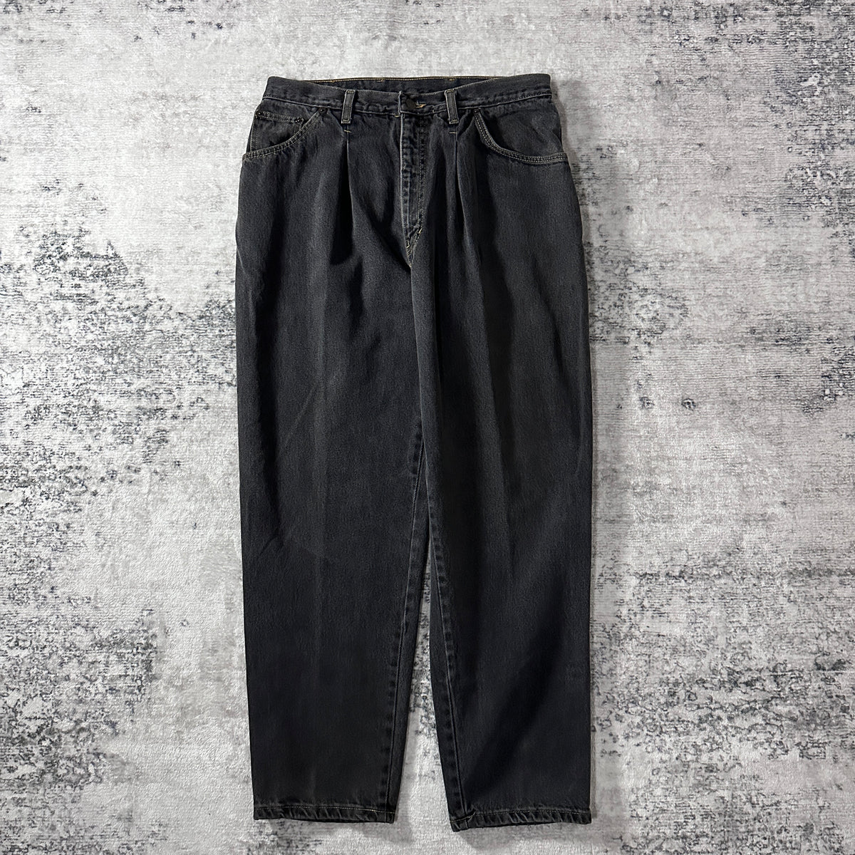 Black Pleated Tapered Denim Pants Made in USA Size 36x30