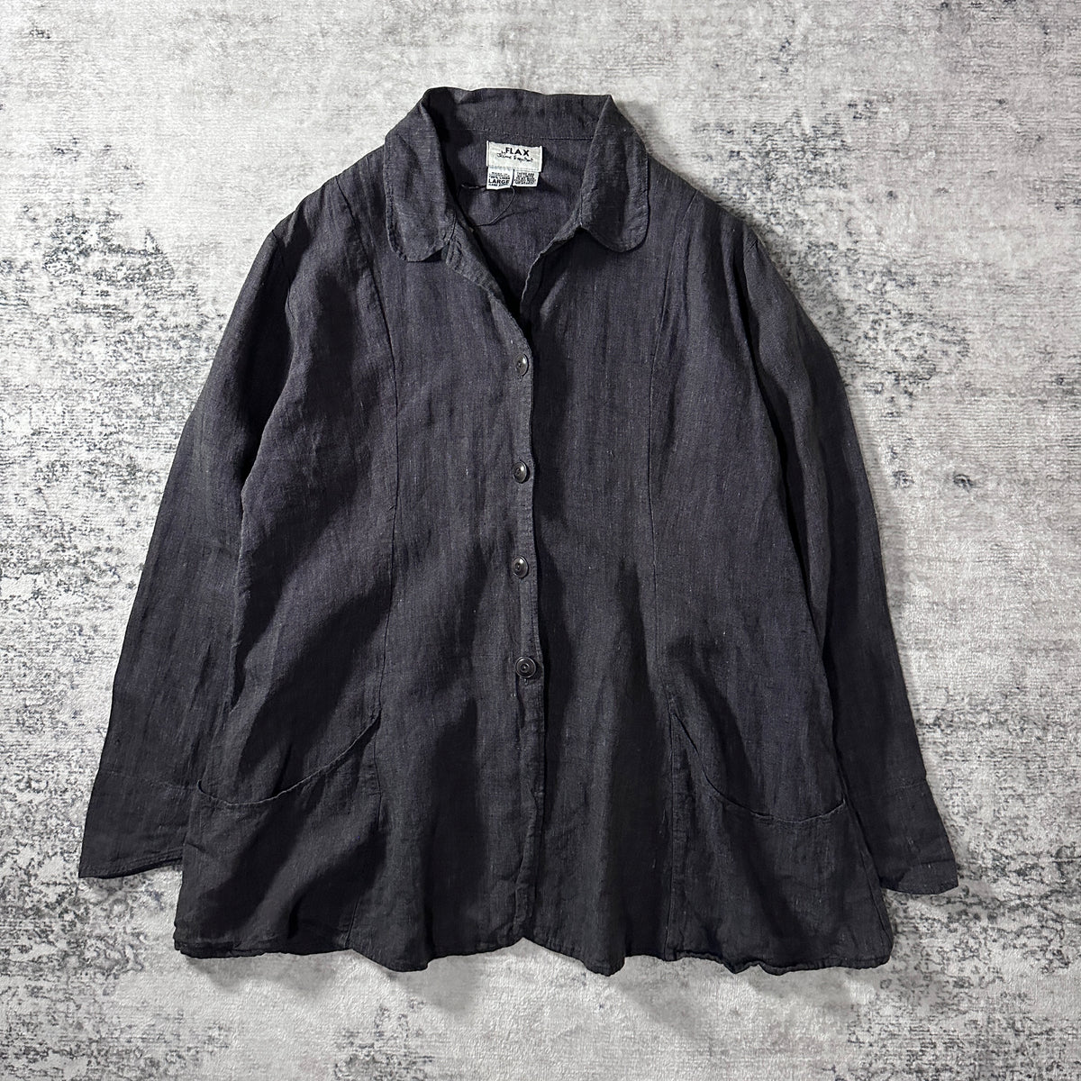 FLAX Black 100% Linen Round Collar Jacket Size L