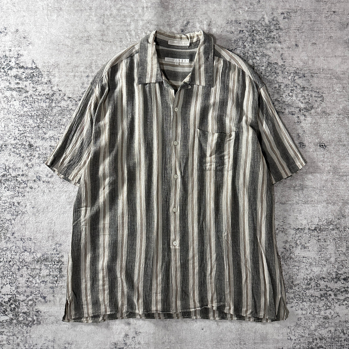 Perry Ellis Gray Stripe Rayon Linen Open Collar Short Sleeve Shirt Size XL