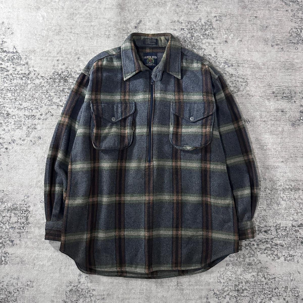 Salmon River Traders Gray Check Wool Blend Half Zip Flannel Shirt Size L