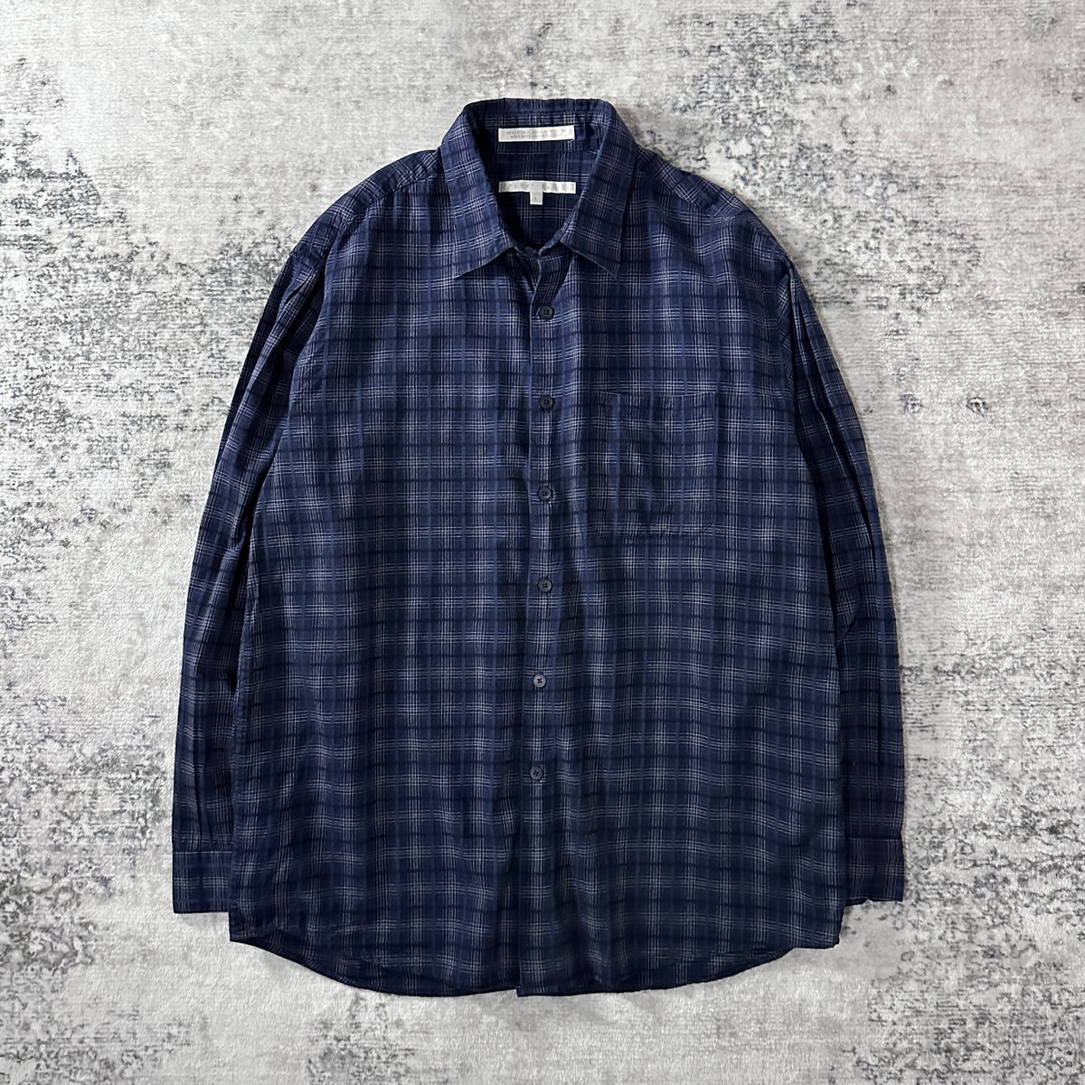 Perry Ellis Navy Check Cotton Rayon Long Sleeve Shirt Size L