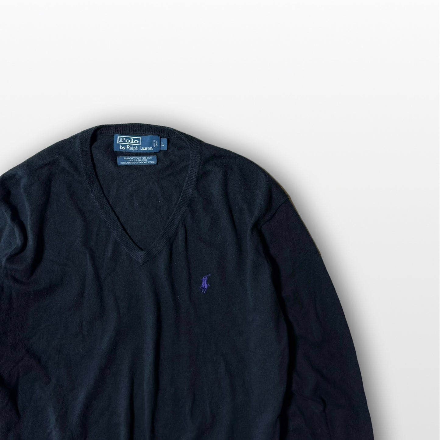 Ralph Lauren V-Neck Knit Sweater Black Cotton Silk Cashmere L