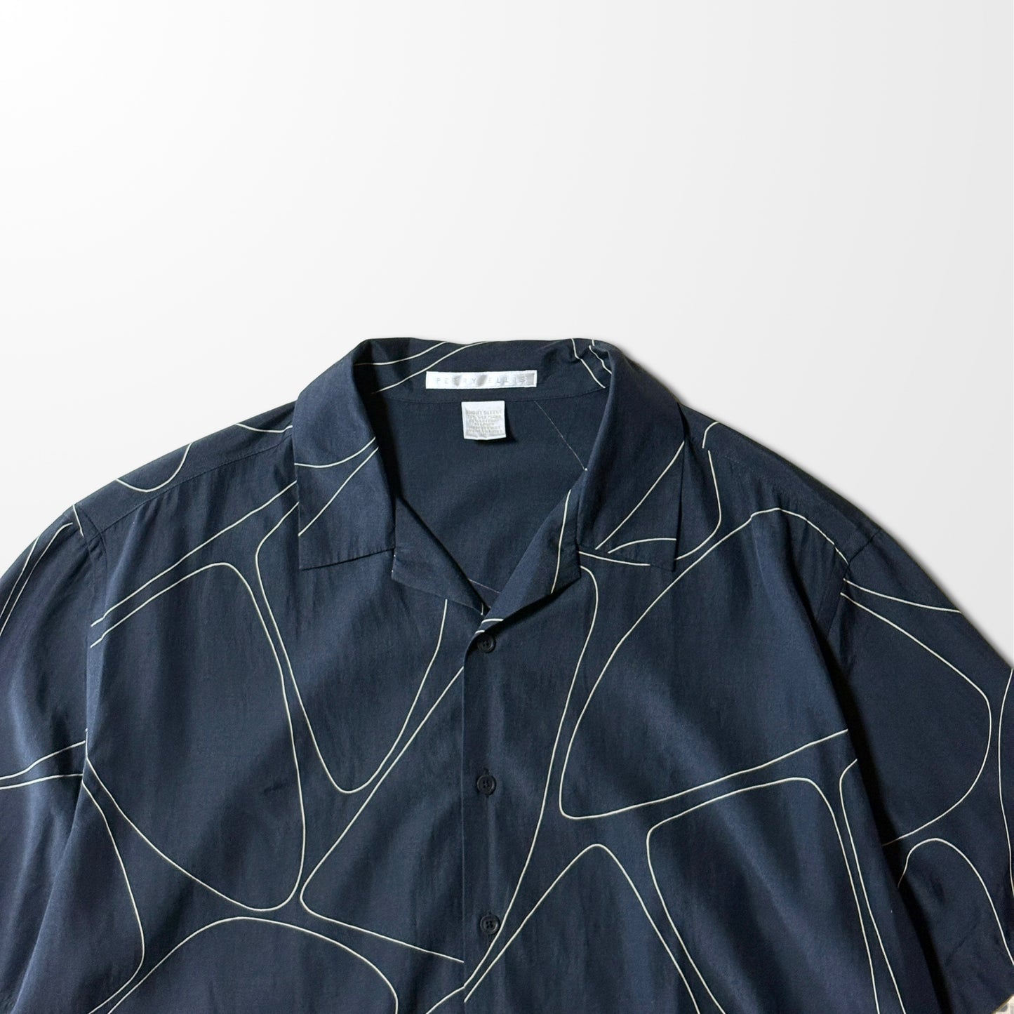 Silk Geometric Pattern Open-Collar Shirt - Black & White Abstract Lines - Size XL