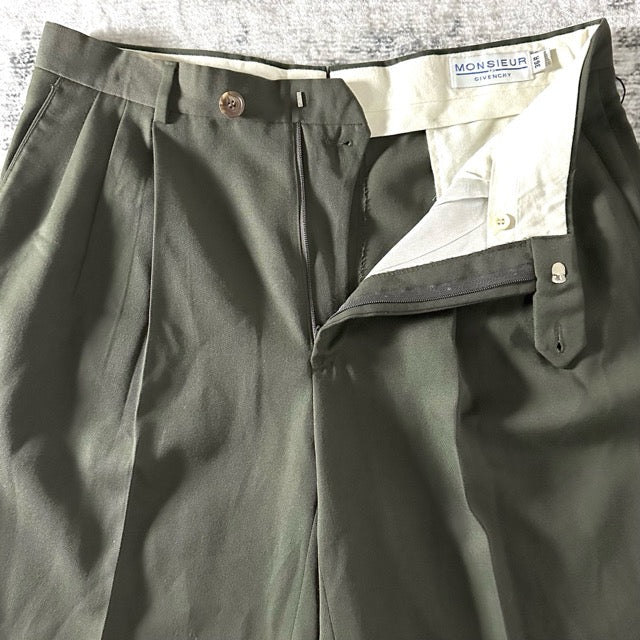 Givenchy 3 Tuck Wool Slacks Olive Wide Fit – 36