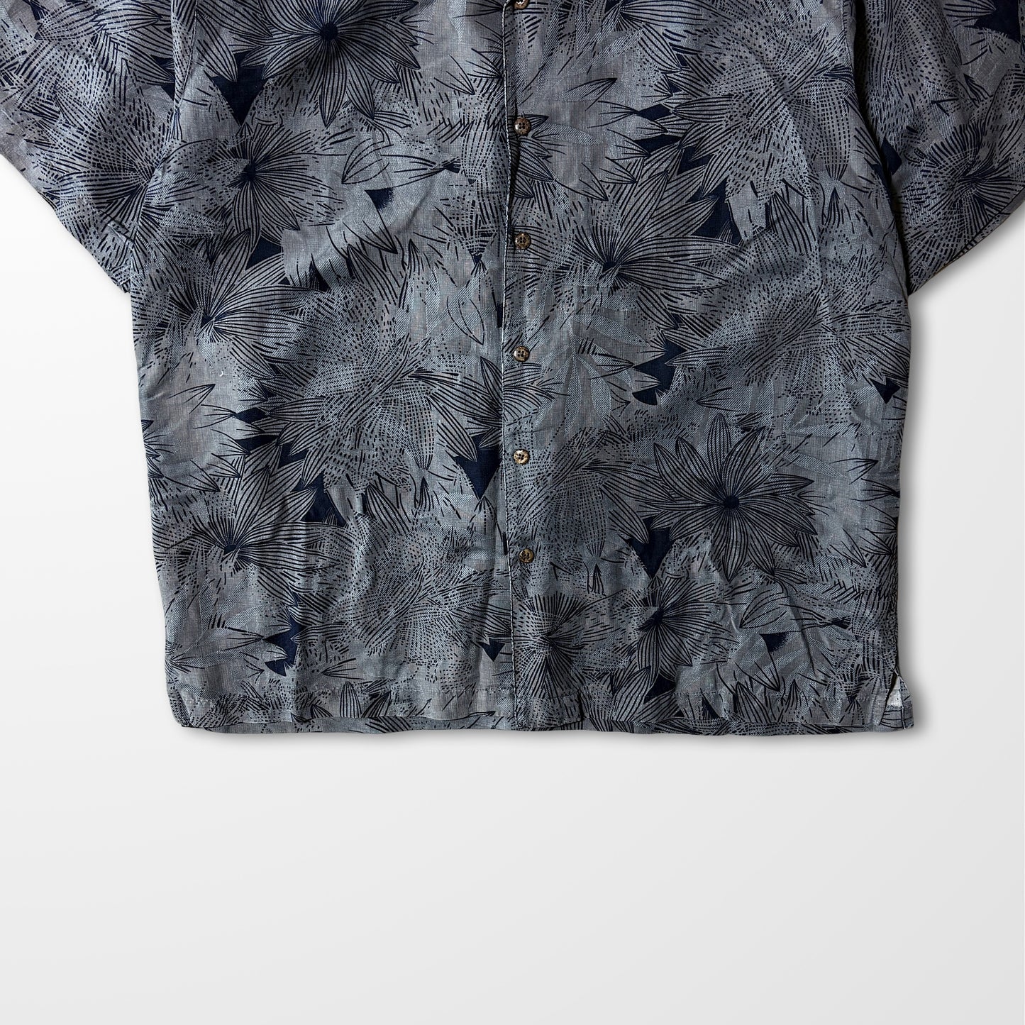 Silk Linen Shirt Botanical Shadow – Gray & Navy, L