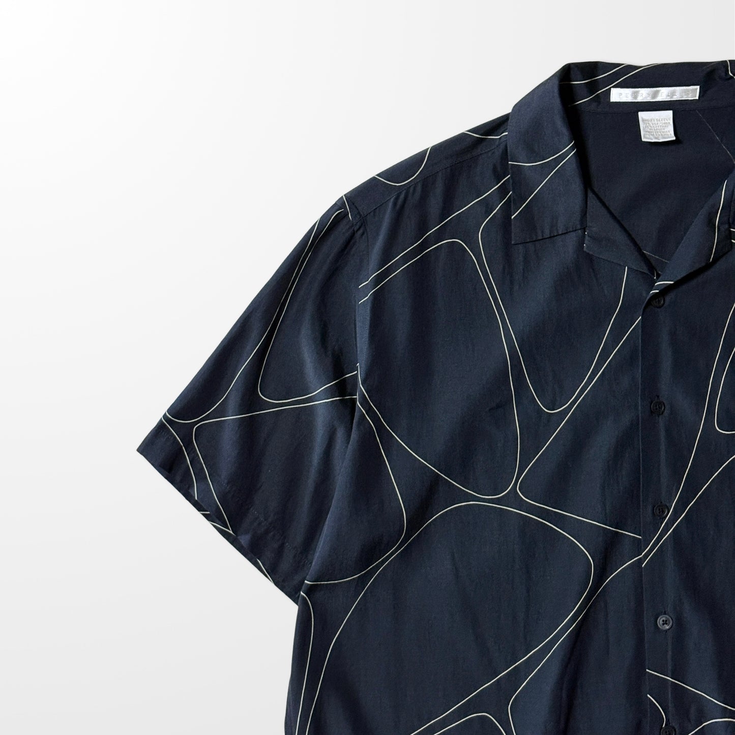 Silk Geometric Pattern Open-Collar Shirt - Black & White Abstract Lines - Size XL