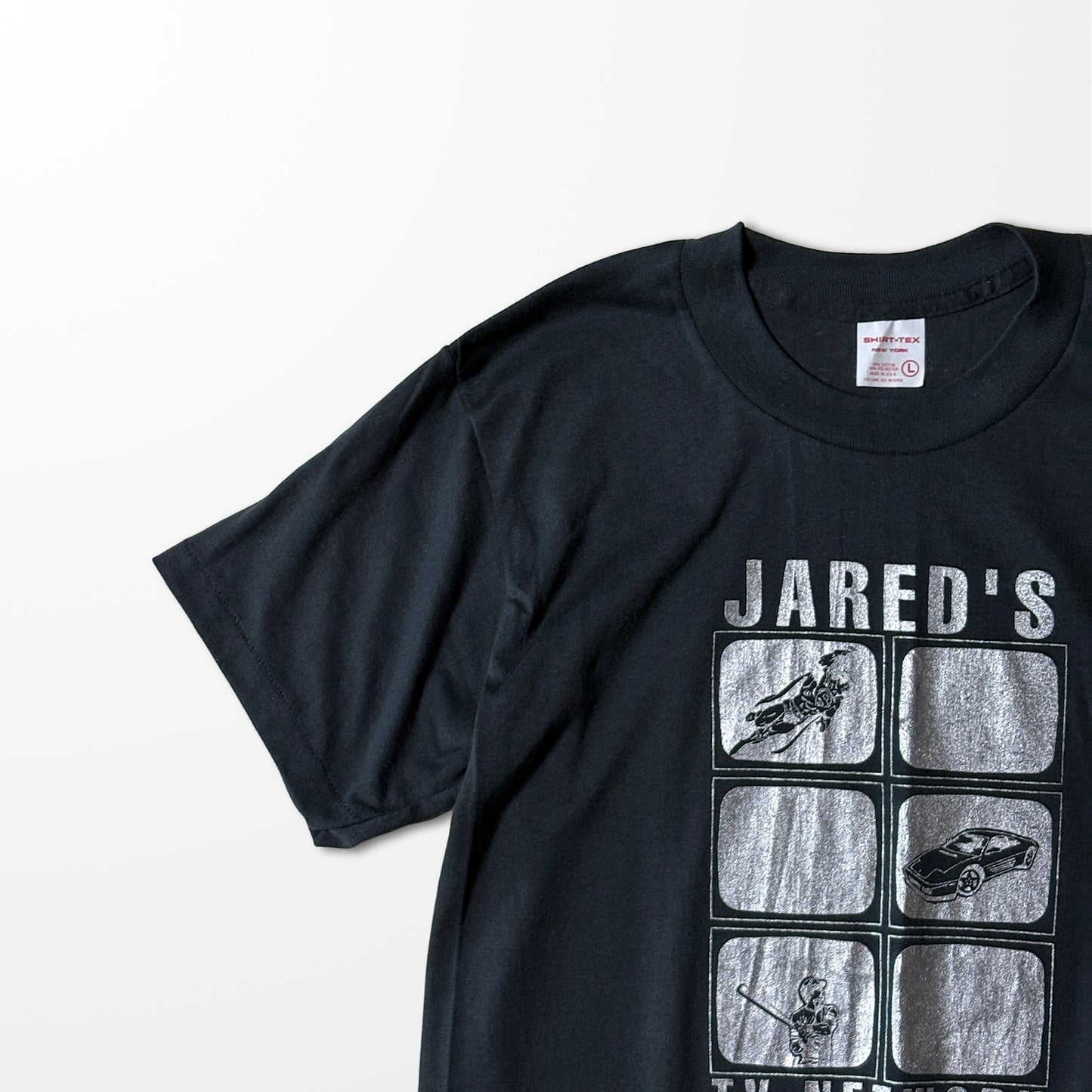 metallic graphic T-shirt "JARED’S TV NETWORK"Made in USA