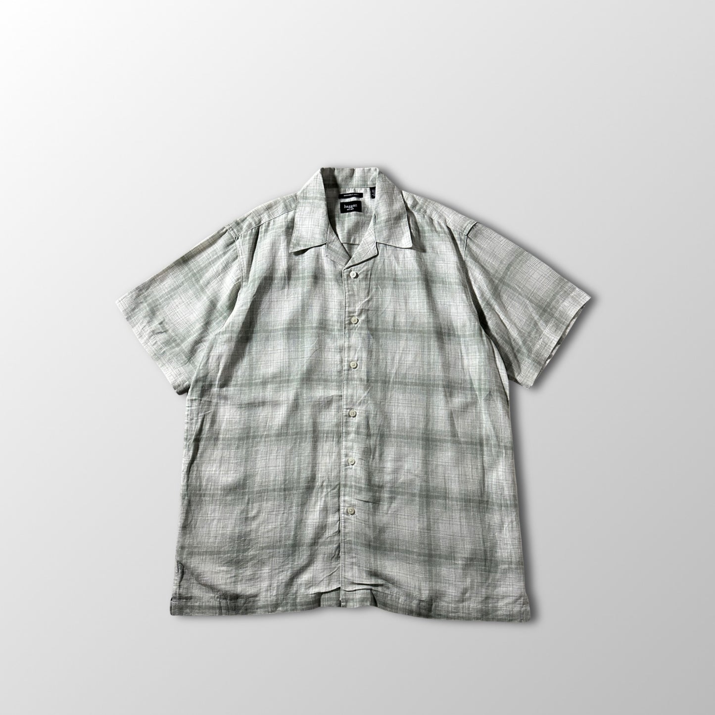 Linen Rayon Blend Pale Sage Check Open Collar Shirt – L