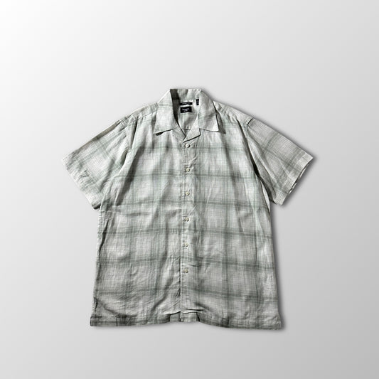 Linen Rayon Blend Pale Sage Check Open Collar Shirt – L