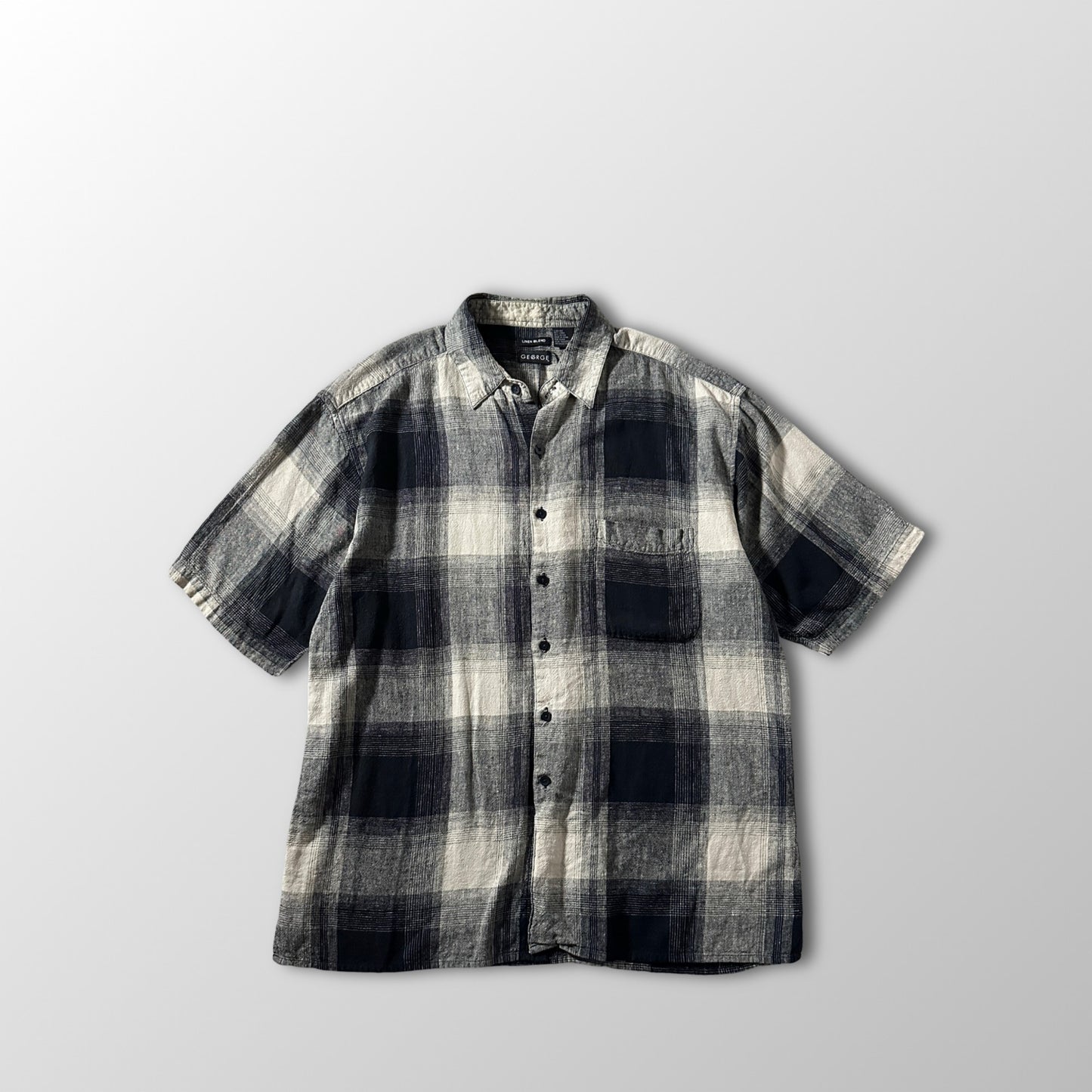 Linen Rayon Blend Black Gray Plaid Short Sleeve Shirt – L