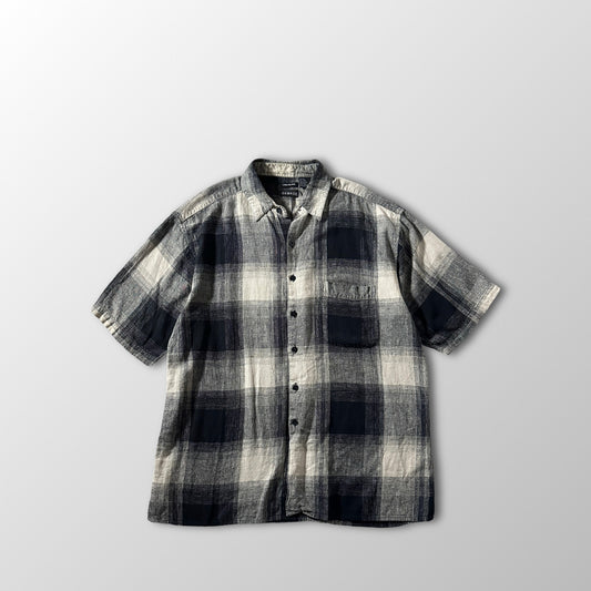 Linen Rayon Blend Black Gray Plaid Short Sleeve Shirt – L