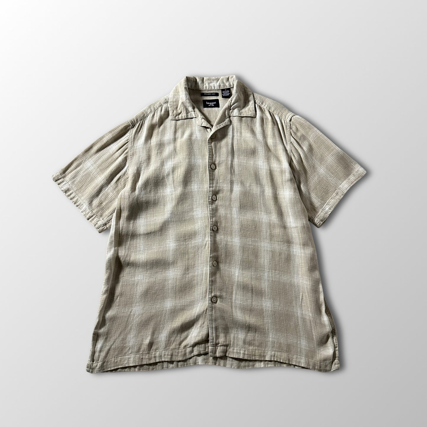 Haggar Linen Rayon Beige Check Short Sleeve Shirt – M