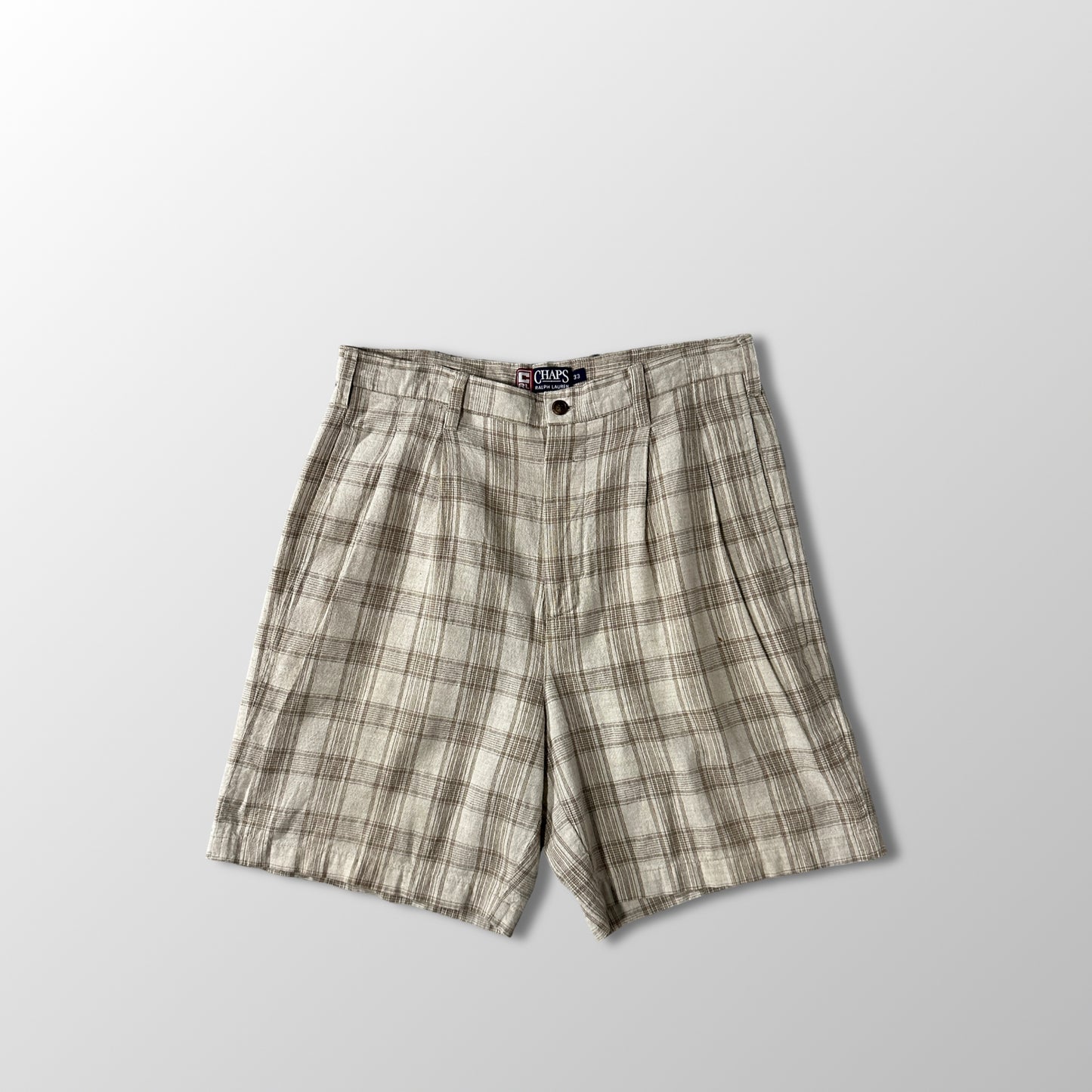 Beige Linen Cotton Plaid Pleated Shorts W33 CHAPS Ralph Lauren
