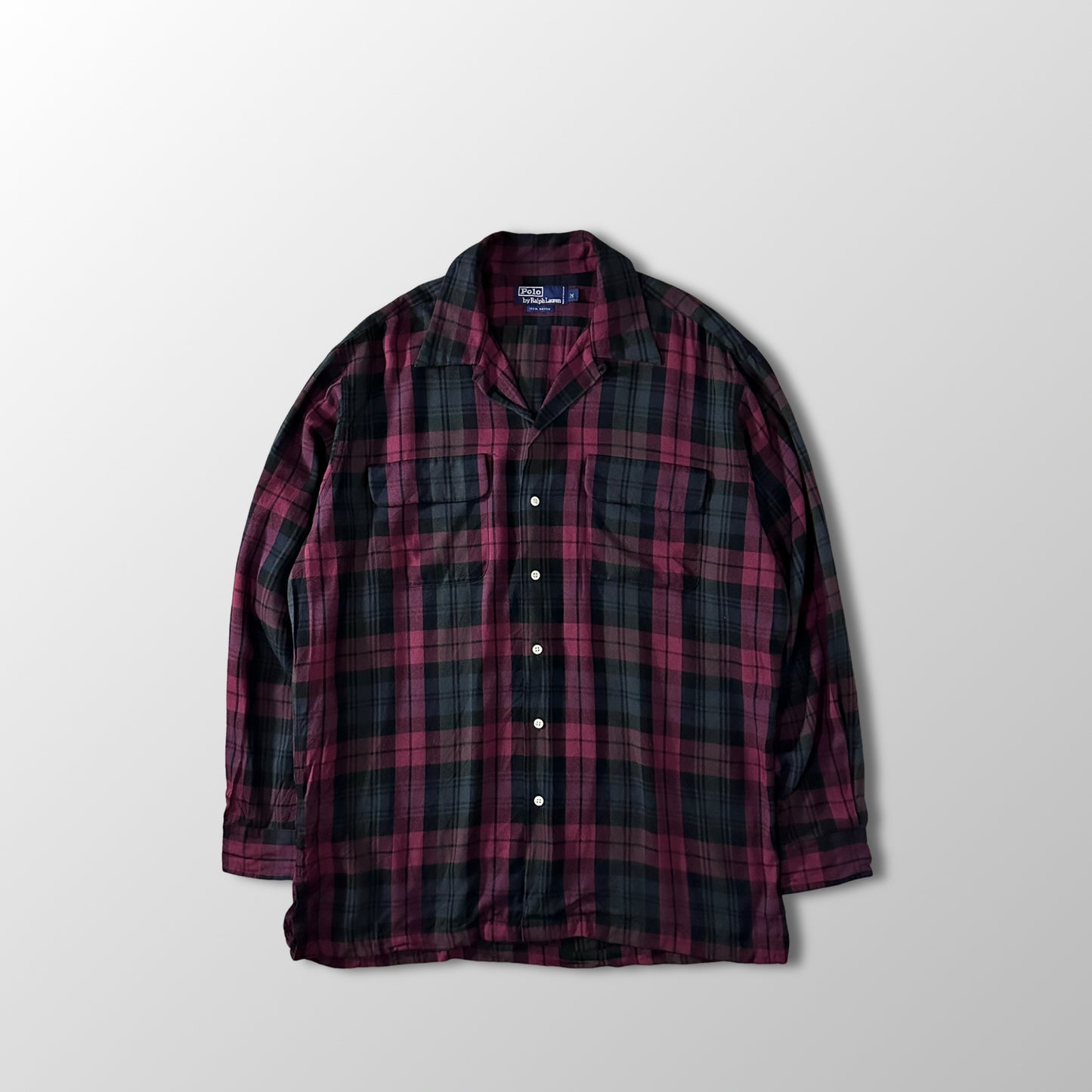 100% Rayon Polo by Ralph Lauren Plaid Shirt Burgundy Black Size M
