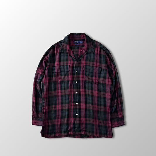 100% Rayon Polo by Ralph Lauren Plaid Shirt Burgundy Black Size M