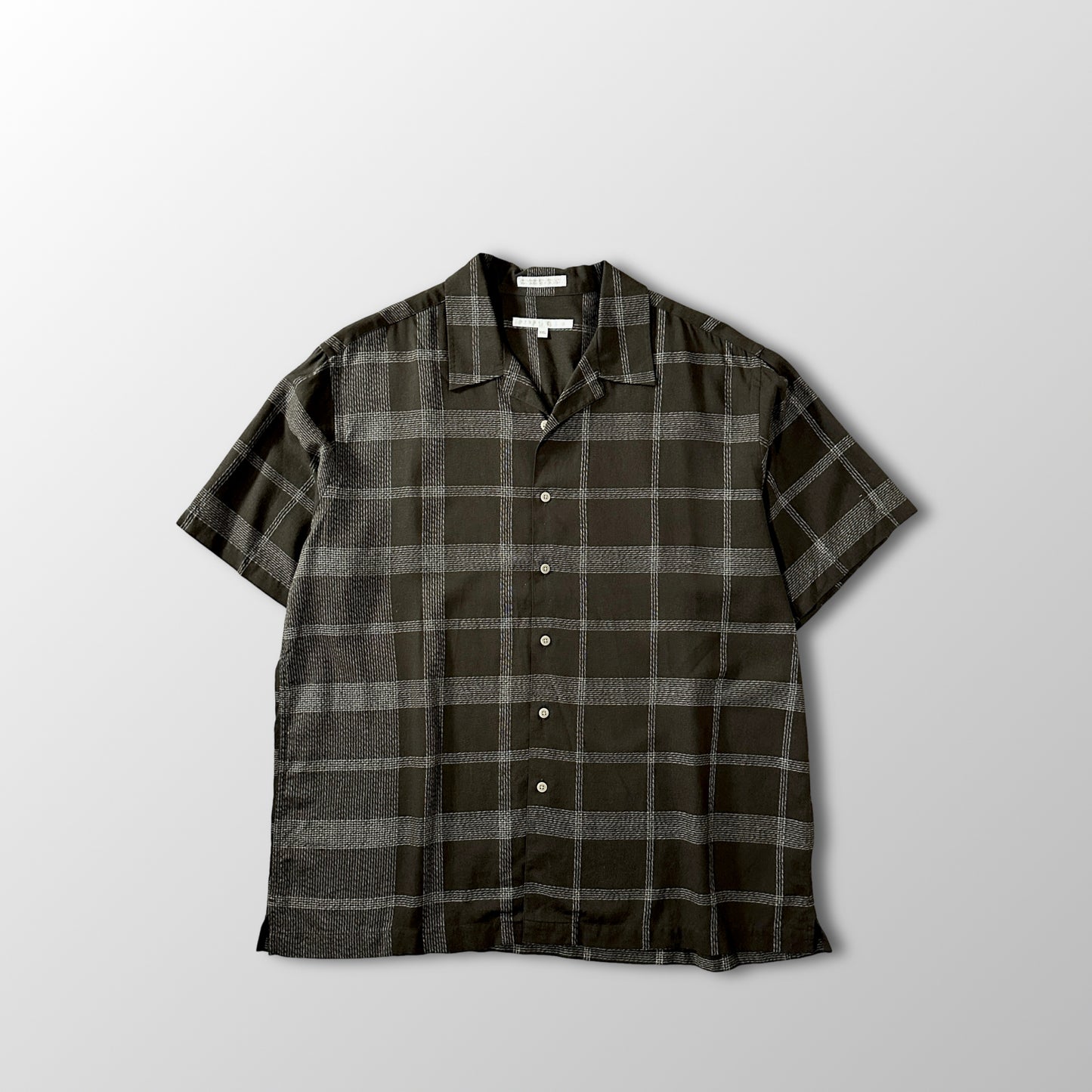 Perry Ellis Linen Rayon Check Open Collar Shirt XXL Brown Black