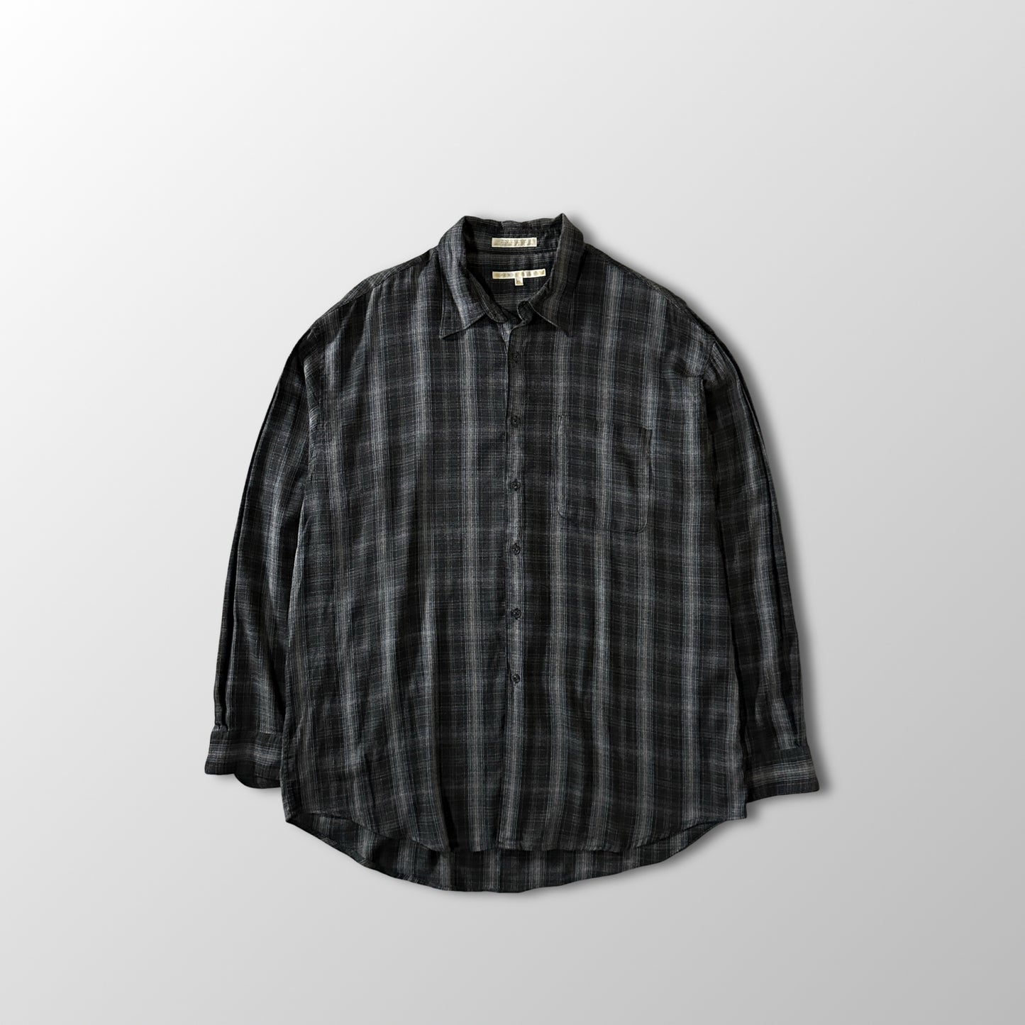PERRY ELLIS Linen Blend Black Plaid Long Sleeve Shirt XL