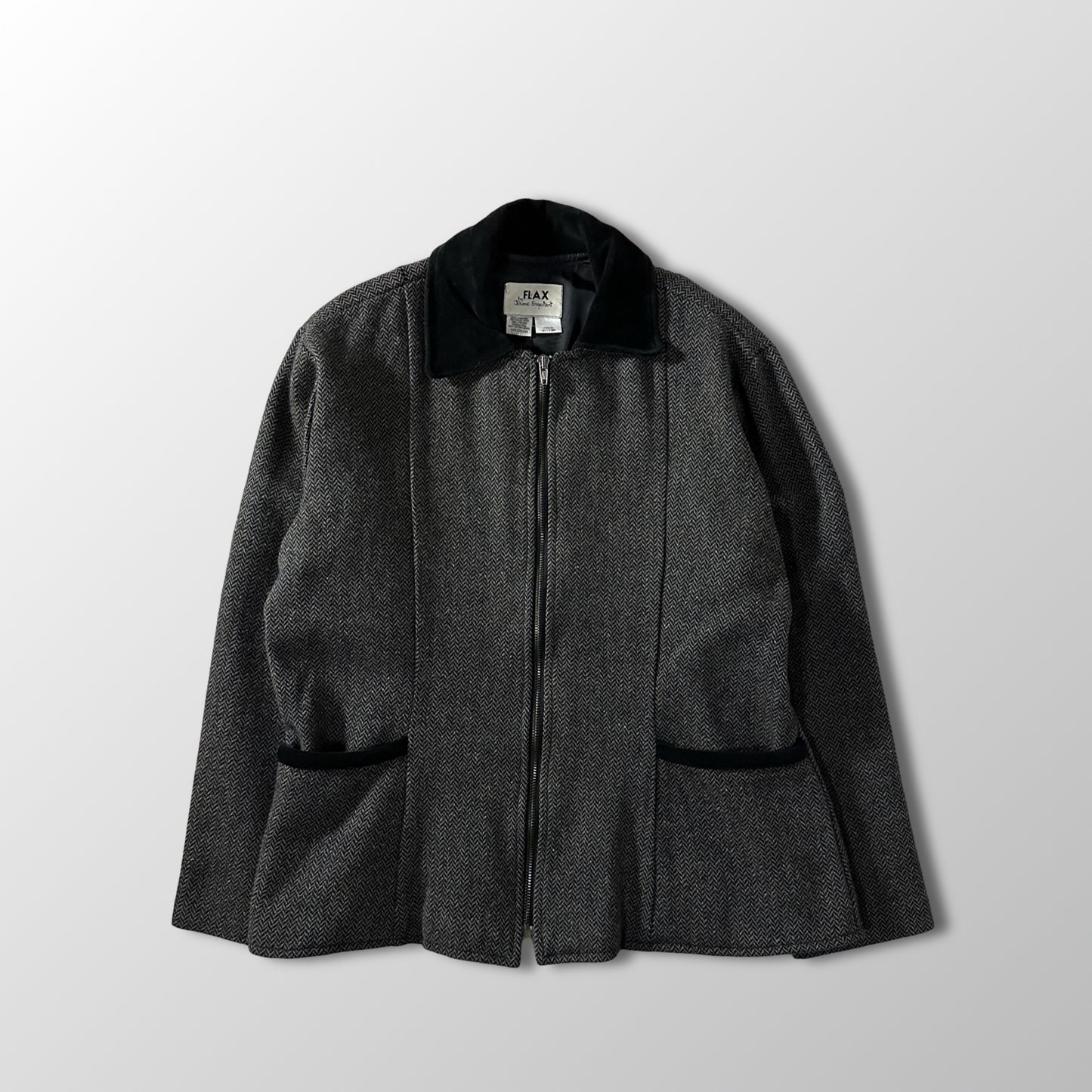 FLAX  Gray Herringbone Wool Zip Jacket Size M