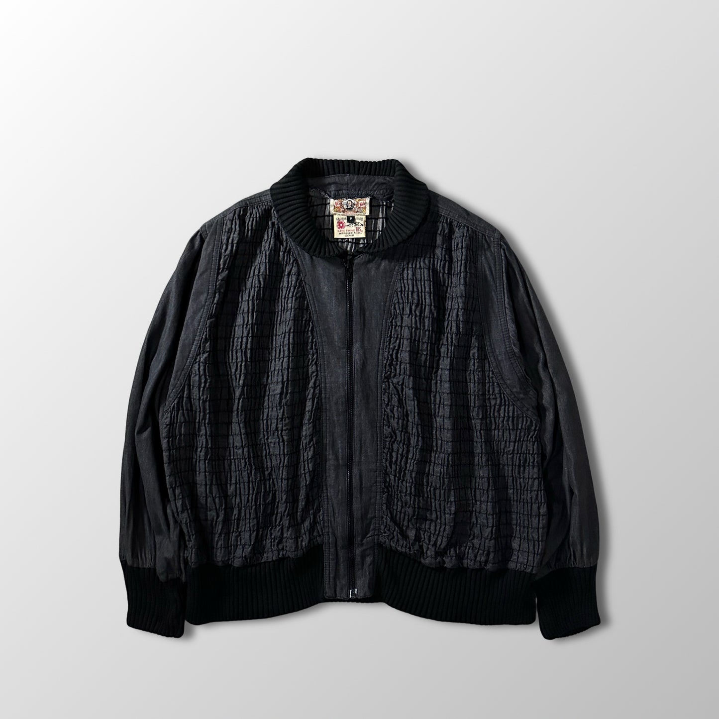 BIS by Gene Ewing Black Cotton Wrinkled Rich Denim Bomber Jacket Size P