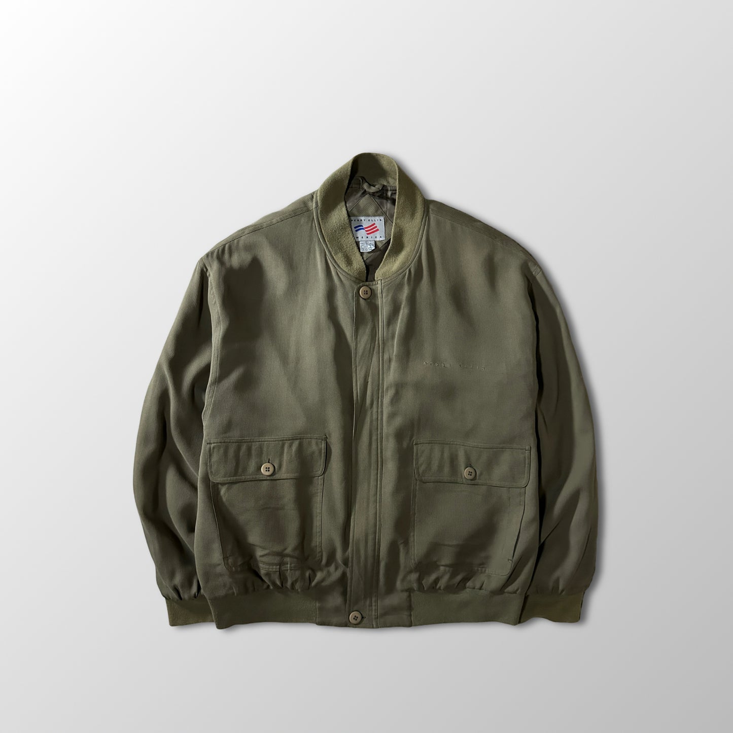 Perry Ellis America Olive 100% Silk Bomber Jacket Size L