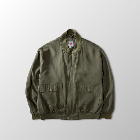 Perry Ellis America Olive 100% Silk Bomber Jacket Size L