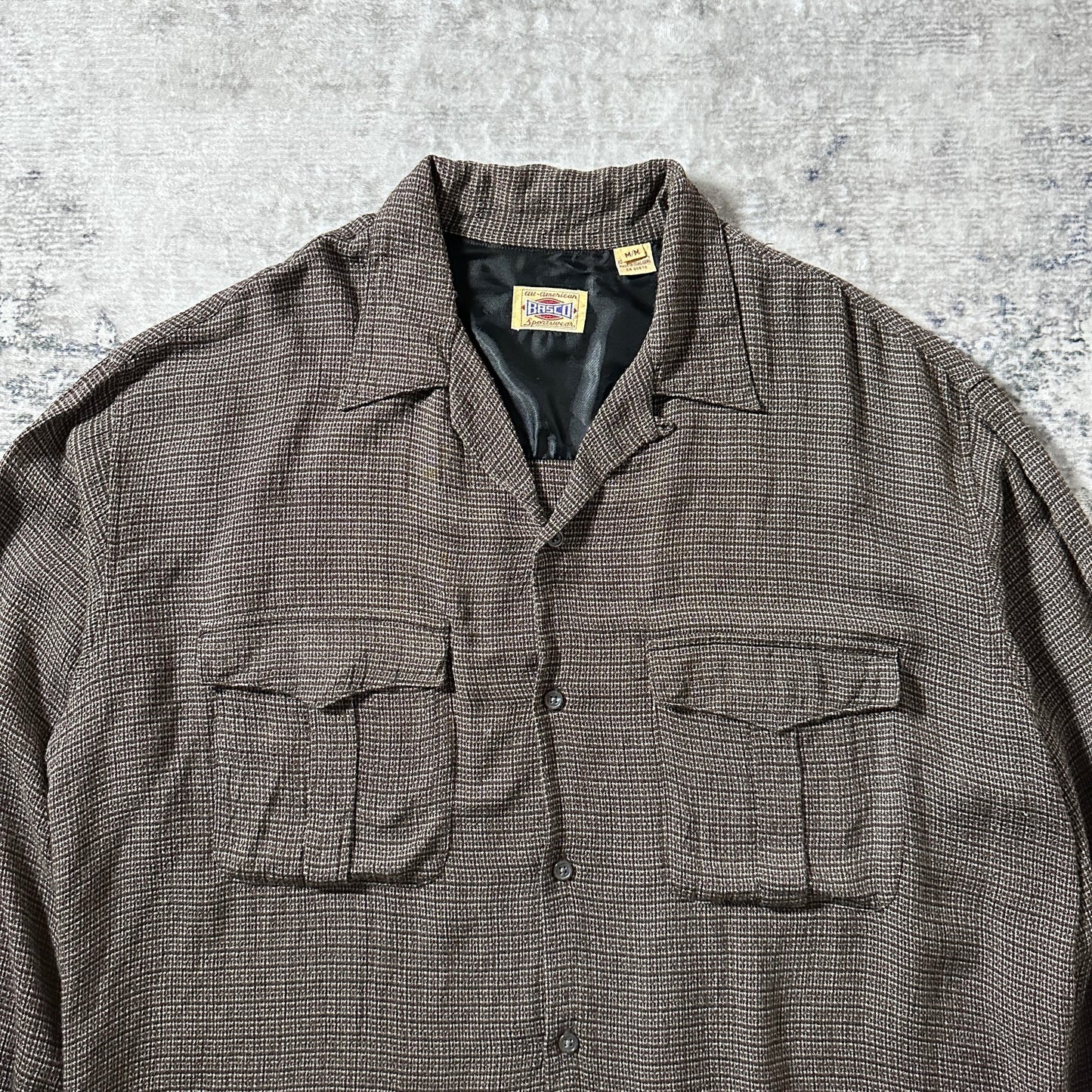 Vintage Besco Rayon Brown Micro Check Flap Pocket Shirt – M