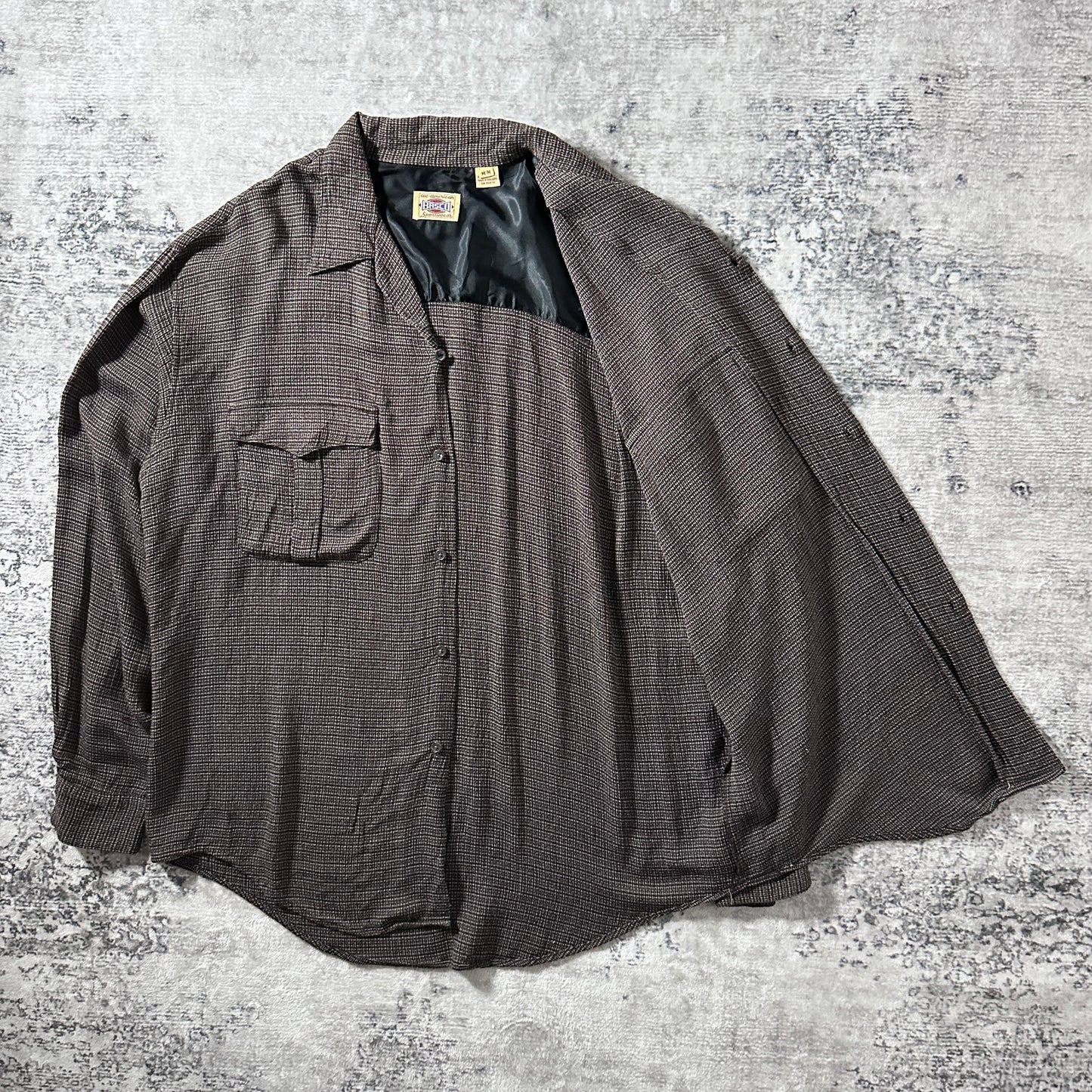 Vintage Besco Rayon Brown Micro Check Flap Pocket Shirt – M