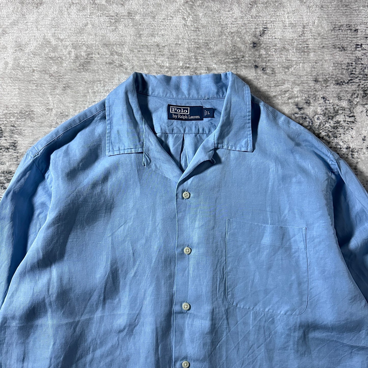 Linen　Silk Polo by Ralph Lauren The Big Shirt Blue Open Collar Shirt – L