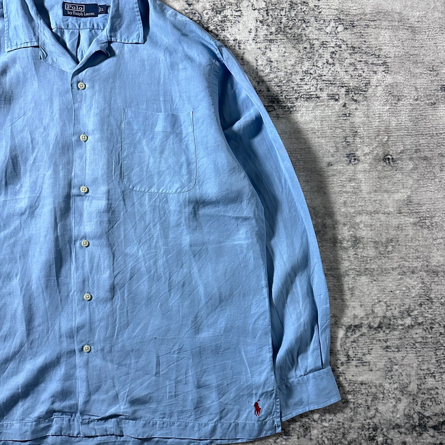 Linen　Silk Polo by Ralph Lauren The Big Shirt Blue Open Collar Shirt – L