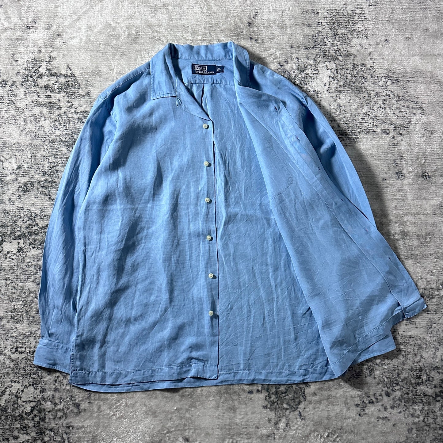 Linen　Silk Polo by Ralph Lauren The Big Shirt Blue Open Collar Shirt – L