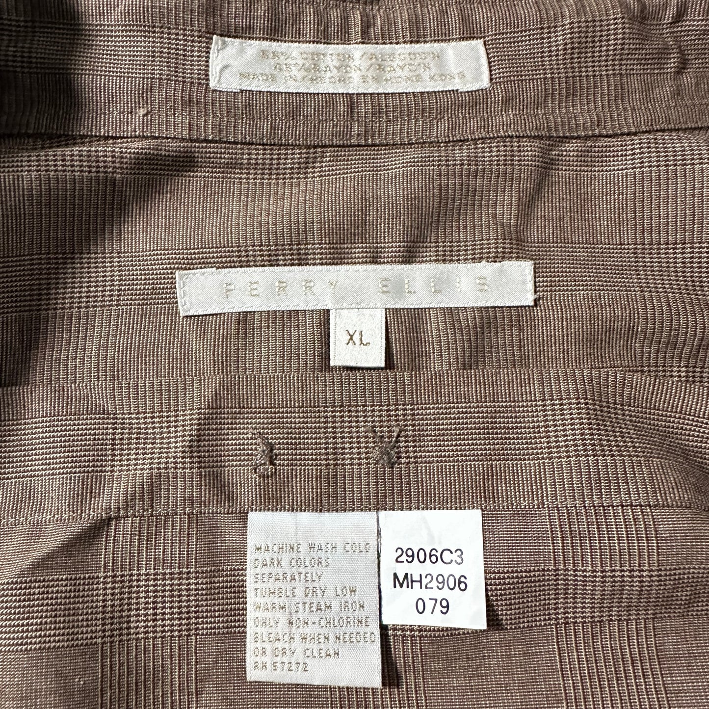 Rayon Cotton Brown Tonal Plaid Long Sleeve Shirt – XL - Perry Ellis