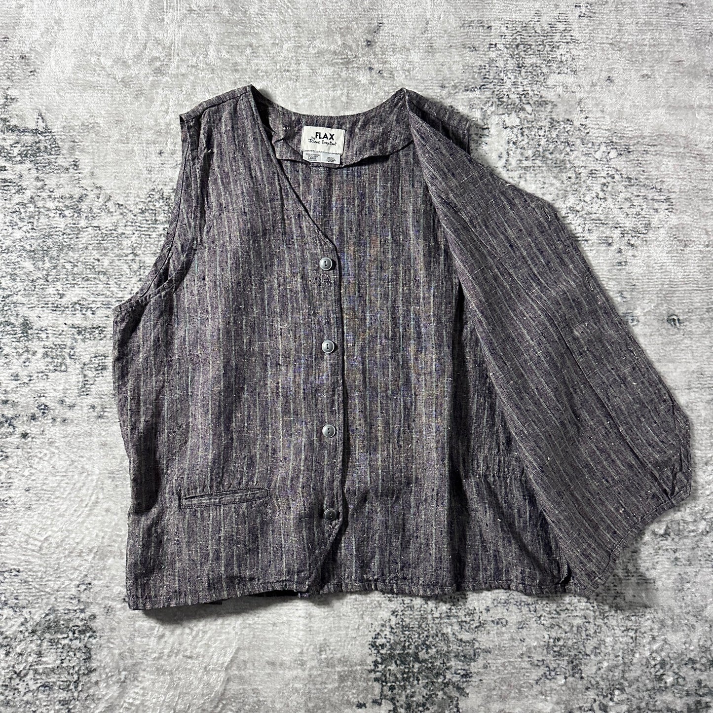 FLAX Linen Layered Zip Jacket – Grey Brown Woven Stripe, Size S