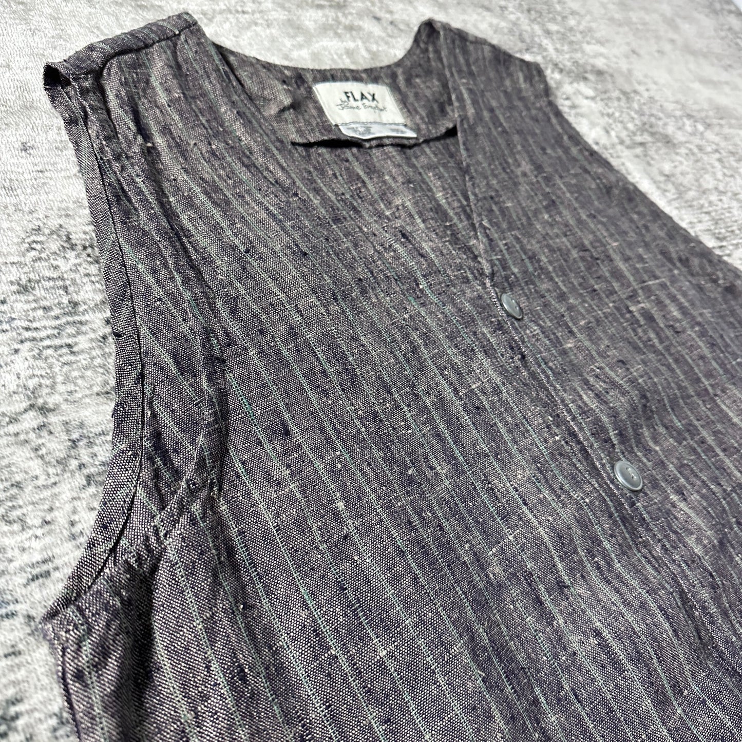 FLAX Linen Layered Zip Jacket – Grey Brown Woven Stripe, Size S