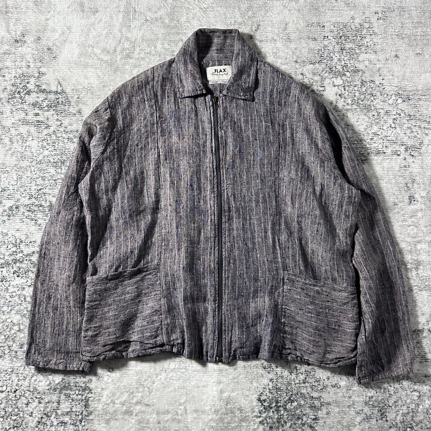 FLAX Linen Layered Zip Jacket – Grey Brown Woven Stripe, Size S